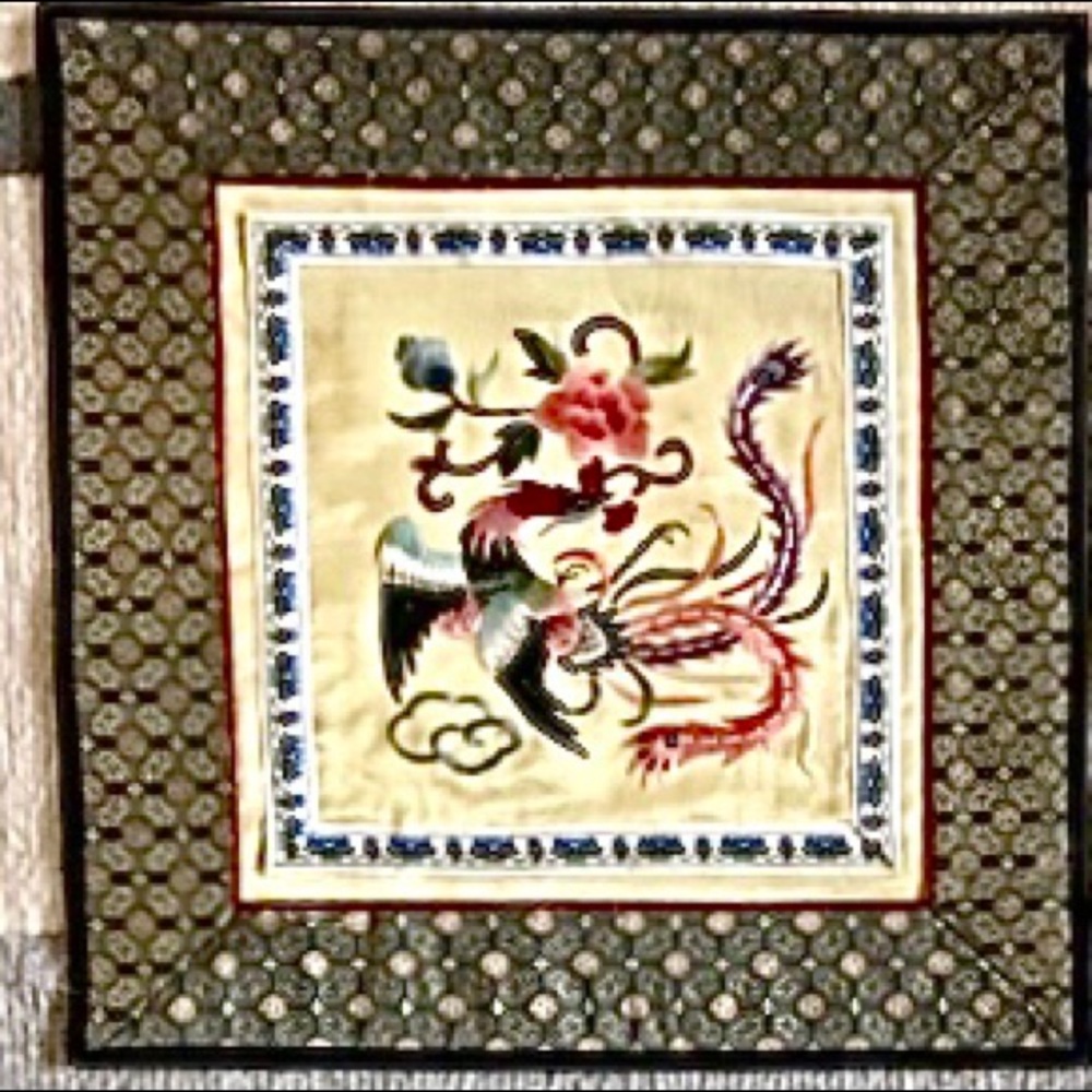 Vintage Chinese silk embroidered Panel Bird and floral design